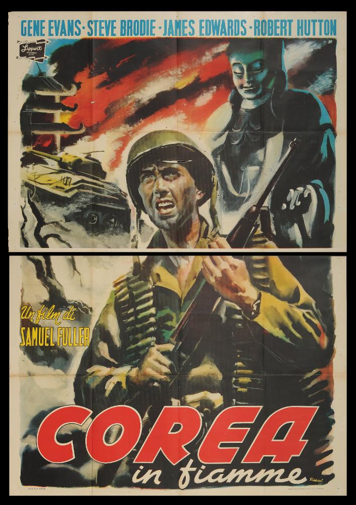 Corea in fiamme (The Steel Helmet) è un film statunitense del 1951 diretto e sceneggiato da Samuel Fuller sulla guerra di Corea con Gene Evans, Robert Hutton e Steve Brodie.
Il manifesto cinematografico è firmato dal celebre pittore di cinema Nicola Simbari, affermatosi anche a livello internazionale negli anni ’50. Per Simbari la pittura è la massima espressione della sua creatività. Nella pittura di cinema predilige l’uso della spatola alternato alla tecnica acquerellata e a tocchi pittorici. Come grande cromatista amalgama colori vivaci e luminosi e qui, nelle pennellate che delineano il primo piano del combattente, concentra tutta l’intensità e la drammaticità della scena.
Il manifesto originale è conservato nell’Archivio della Mediateca Regionale Pugliese ed è cost...