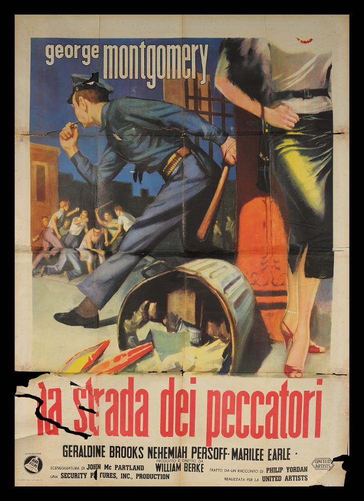 L'immagine riproduce uno dei manifesti conservati presso la Mediateca Regionale Pugliese (vedi Note). Si tratta del manifesto del film "La strada dei peccatori", senza autore, di cui si conserva qui in collezione un'altra versione per lo stesso film a firma di Manfredo Acerbo (Manfredo). La composizione in oggetto è molto narrativa: la scena rappresentata è infatti una sola che coinvolge il fruitore come se la vivesse all'interno. La pittura è fatta di forme e colori morbidi, originale e insolito è il taglio dato all'inquadratura della scena, che taglia, ravvicinandola, la figura di donna sulla destra e il bidone di spazzatura in primo piano....
