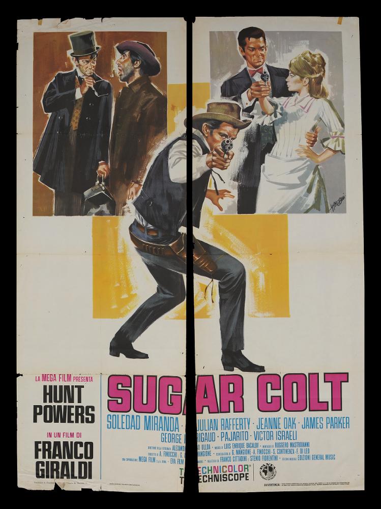L'immagine riproduce uno dei manifesti conservati presso la Mediateca Regionale Pugliese (vedi Note). Si tratta di una delle versioni grafiche del manifesto del film “Sugar Colt” del 1966 per la regia di Franco Giraldi a firma di Sandro Symeoni (Symeoni). Pittore ferrarese tra i più prolifici disegnatori di cinema, Symeoni utilizzò un linguaggio non piano, ma dalle molteplici sfaccettature, mutevoli negli anni. In questo manifesto la composizione grafica è divisa in tre blocchi, due dei quali accolgono scene con coppie dei personaggi del film. Nel blocco centrale è presente Sugar Colt, a figura intera al di fuori dai confini della cornice, ripreso nella sua tridimensionalità nello spazio del manifesto intero. Tutti i personaggi sono delineati da contorni di bianco che, ...