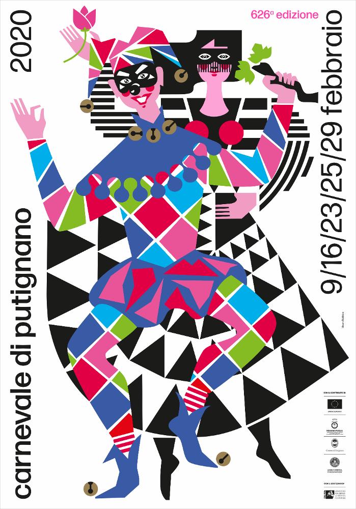 Per la sua 626ª edizione, la Fondazione Carnevale di Putignano ha affidato la direzione artistica del Carnevale ad uno dei massimi designer italiani, il Maestro Mauro Bubbico, docente presso l’Istituto Superiore per le Industrie Artistiche di Urbino e dal 2017 membro dell’Alliance Graphique Internationale (AGI), organizzazione che riunisce i migliori grafici, designer e illustratori internazionali.
Il poster progettato da Bubbico dal titolo “Farinella Love” rappresenta il manifesto ufficiale del Carnevale di Putignano ed è una reinterpretazione del personaggio carnascialesco di Farinella, disegnato per la prima volta nel 1953 per il manifesto pubblicitario del Carnevale di Putignano dal famoso grafico Mimmo Castellano.
Farinella era un personaggio popolare putignanese, ...