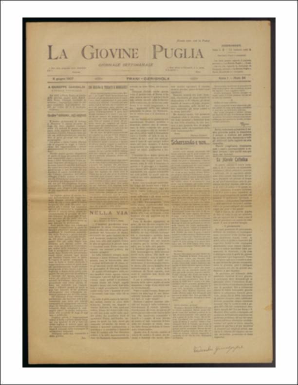 Il documento è parte della collezione del fondo libri digitalizzati della Biblioteca provinciale La Magna Capitana di Foggia, comprendente alcune monografie di diversi secoli e periodici del Novecento. Nello specifico si tratta del num. 24 dell'anno I de “La Giovine Puglia. Giornale socialista settimanale” del 9 giugno 1907. La prima pagina apre con un articolo sul progetto di legge da parte del parlamento per la regolamentazione dell'emigrazione dei lavoratori in America. Si prosegue, tra gli altri, con la nota rubrica "Scherzando e non..." a firma di Momo e l'apertura della nuova rubrica "La morale Cattolica" curata da un certo I. di P., "sollecito ed infaticabile ricercatore, libero pensatore convinto e militante, con il compito di segnalare ai lettori insegnamenti m...