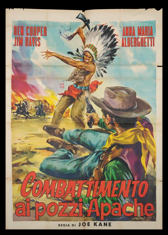 L'immagine riproduce uno dei manifesti conservati presso la Mediateca Regionale Pugliese (vedi Note). Si tratta della versione grafica per il manifesto del film americano "Combattimento ai pozzi Apache” del 1957. L'illustrazione è a firma di G. Di Stefano, autore narrativo vicino ad altri interpreti della pittura di cinema dell'epoca. Lo spazio compositivo è occupato da un'unica grande scena, che immerge lo spettatore perfettamente nell'atmosfera western, soprattutto con l'espediente di ravvicinare la figura del cowboy in primissimo piano e di spalle; il pubblico sembra così di entrare direttamente nella scena del film. Le pennellate fluide, l'uso di colori a contrasto (il fucsia è probabilmente ripreso da Cesselon), pochi dettagli significativi sono le caratteristiche ...