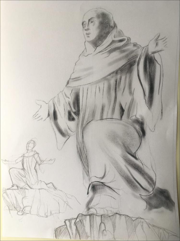 Bozzetto per la realizzazione di installazioni in cartapesta nel centro storico di Putignano per l’evento “Racconti di Carta – In cammino con Dante”.  Ispirato ai versi del Canto XXXIII del Paradiso. Il tema è la figura di San Bernardo, terza guida di Dante verso i più alti misteri. Monaco cistercense e teologo, viene rappresentato nell’atto dell’estasi beatifica. La scultura, a cura di Angelo Loperfido e Domenico Impedovo, è stata posizionata nei pressi di Porta Nova, di fronte alla quale si estende una piazza con al centro una stele con statua della Vergine Immacolata. La Vergine, nei versi del canto dantesco, è invocata da San Bernardo, come la più alta e la più umile di tutte le creature....