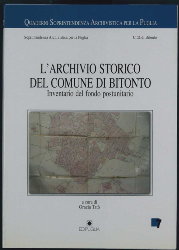 La risorsa digitalizzata è il volume edito da Edipuglia nel 2000, a cura di Grazia Tatò, che rientra ne "I Quaderni della Soprintendenza Archivistica per la Puglia", collana di fonti e studi sugli archivi locali della SAP. La pubblicazione arricchisce la collana con la documentazione relativa all'inventario dell'archivio storico del Comune di Bitonto, centro tra i più antichi ed importanti della Terra di Bari, riguardante il solo periodo postunitario. La pubblicazione è il risultato del censimento, schedatura e riordinamento delle carte dell'archivio, iniziato nei primi anni '80, in concomitanza con i lavori realizzati su circa 60 archivi comunali pugliesi nell'ambito di un progetto speciale predisposto dalla SAP e dalla Regione Puglia. Il ricco volume risulta così un v...
