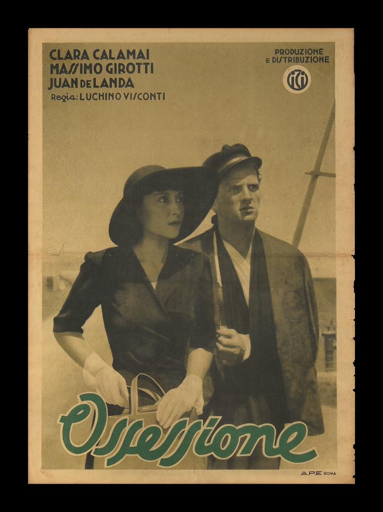 Manifesto degli anni '40 dalle dimensioni ridotte a quelli più moderni, si caratterizza per uno stile fotografico sobrio che inquadra di tre quarti i due protagonisti, inoltre è possibile notare la scelta di un font tipico dell'epoca fascista. Ossessione è un film di Luchino Visconti, che ha avuto molte difficoltà nell'essere realizzato a causa degli ostacoli delle autorità fasciste, sia per l'adattamento del soggetto dall'opera di James M. Cain "Il postino sempre due volte"  che nella realizzazione delle scene realizzate in zone fortemente distrutte dai bombardamenti aerei alleati. Alla sua uscita nel 1943, il film venne definito vietato dal regime fascista di Salò, ma Visconti riuscì a tenere nascosta una copia in negativo fino alla fine della guerra, permettendo di r...