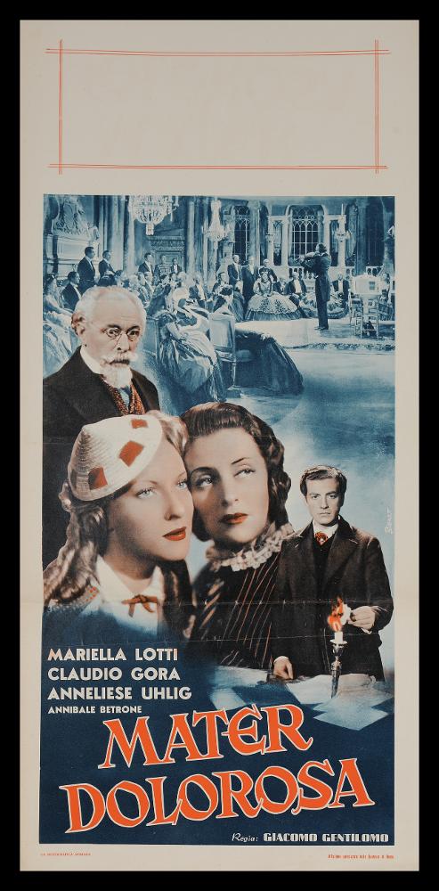 L'immagine riproduce uno dei manifesti conservati presso la Mediateca Regionale Pugliese (vedi Note). Si tratta della versione grafica della locandina di "Mater Dolorosa", film italiano degli anni '40, tratto dal romanzo omonimo di Gerolamo Rovetta, di cui si conserva in collezione anche il manifesto. Per la locandina, Bierre crea una composizione grafica realizzata con collage di foto ritoccate - tecnica molto usata all'epoca - dai toni caldi degli arancio e dei marroni, a contrasto con i toni freddi dei blu della scena corale di sfondo, creando un effetto delicato e molto raffinato che narra la storia e l'ambientazione del film. Ci troviamo nel 1866, durante la Terza Guerra d'indipendenza italiana, primo conflitto nel quale fu coinvolto il neonato Regno d'Italia, in q...