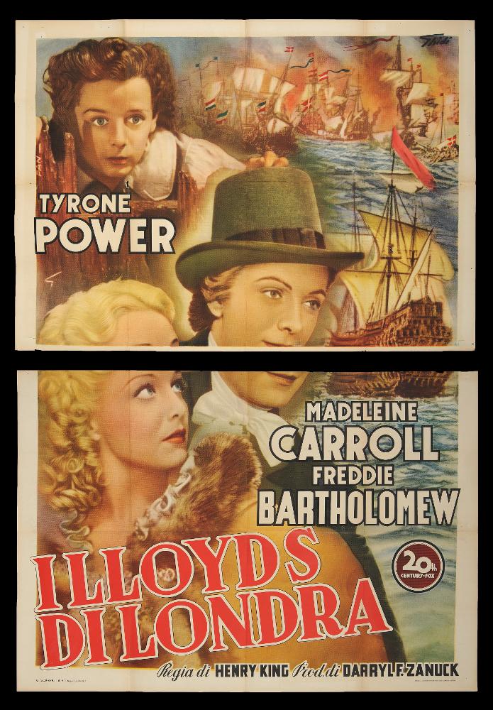 L'immagine riproduce uno dei manifesti conservati presso la Mediateca Regionale Pugliese (vedi Note). Si tratta della versione grafica del manifesto del film americano “I Lloyds di Londra”. La firma che si legge in alto a destra è dell’illustratore Ghidi, di cui non si conoscono notizie. La composizione colpisce per la fotografia di scena utilizzata con i tre personaggi principali, ritoccata con colori morbidi e chiari che ne esaltano i volti. Il manifesto originale è conservato in due parti, come si evince dalla riproduzione digitale che evidenzia i due pezzi separati....