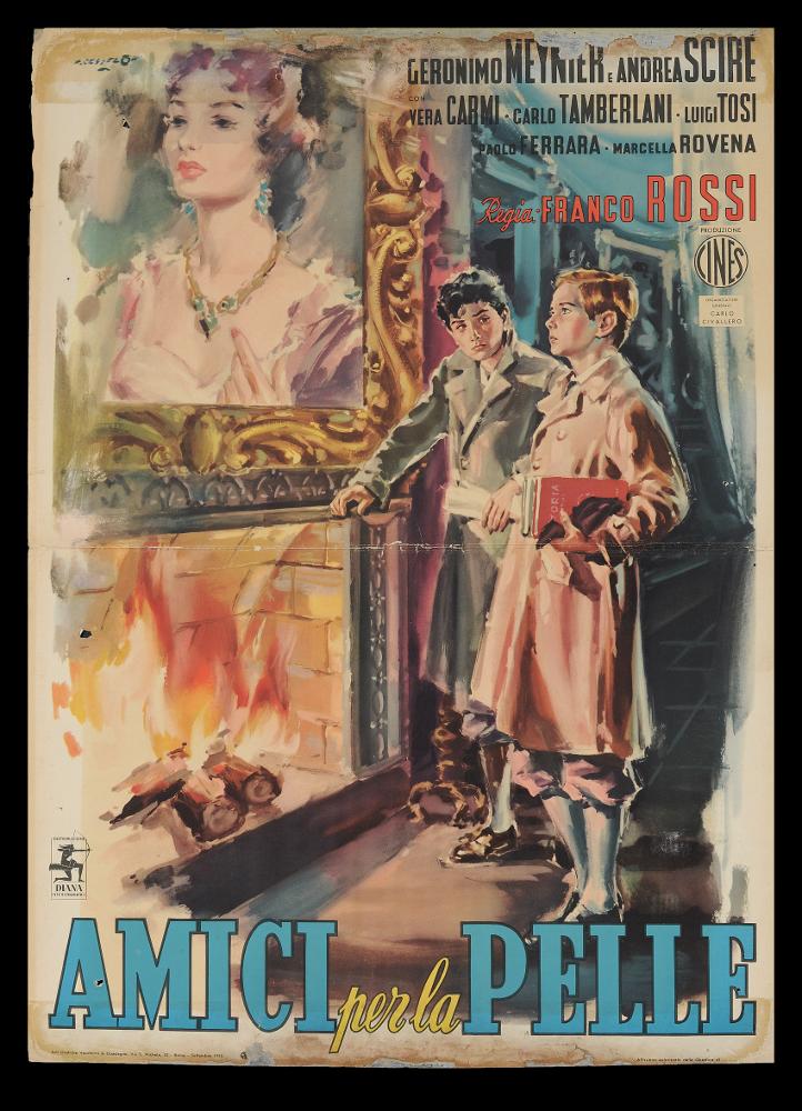 L'immagine riproduce uno dei manifesti conservati presso la Mediateca Regionale Pugliese (vedi Note). Si tratta di una delle due versioni grafiche del soggetto per la fotobusta verticale del film italiano "Amici per la pelle". L'illustrazione pittorica è a firma di Cesselon (Angelo Cesselon), considerato uno dei pittori di cinema più originali, contraddistinto da uno stile fatto di un cromatismo vibrante e dinamico. Nei suoi lavori per il grande schermo, ha sempre prediletto l'uso di tocchi sfumati e leggeri, con contrasti di colore forti e contemporanei. Ma è indubbio che Cesselon fu influenzato anche da una certa tradizione pittorica veneta, che guarda ad artisti come Tiziano e Tiepolo, fino a Giovanni Boldini, soprattutto nelle composizioni diagonali. Tutta la sua pr...