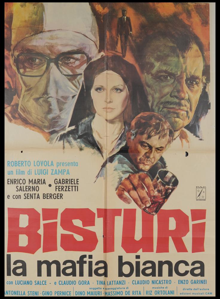 L'immagine riproduce uno dei manifesti conservati presso la Mediateca Regionale Pugliese (vedi Note). Si tratta di una delle versioni grafiche del manifesto del film “Bisturi - La mafia bianca” del 1973 per la regia italiana di Luigi Zampa. Il manifesto è a firma del fidardense Rodolfo Gasparri, come si evince dalla chiara firma in alto a destra. Appena ventenne si trasferisce dal piccolo comune di Castelfidardo (AN) per realizzare a Roma il sogno di diventare pittore di cinema. Inizialmente fa esperienza come disegnatore per case editrici, realizzando le copertine di libri prevalentemente gialli come "Il Vampiro" (1958). Questa attività gli permette di acquisire non solo competenze specifiche come disegnatore, ma soprattutto una maggiore consapevolezza di sé e delle pr...