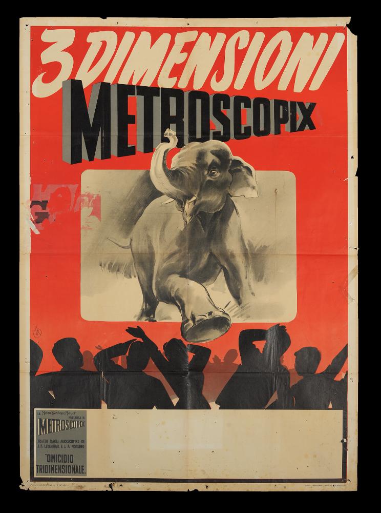L'immagine riproduce uno dei manifesti conservati presso la Mediateca Regionale Pugliese (vedi Note). Si tratta di uno dei manifesti realizzati per la proiezione di "Omicidio tridimensionale". Questo tipo di opera grafica, a scopo pubblicitario per i cinema, risulta di certo particolare e diverso da quelli realizzati per altri film. Il film in questione, infatti, è tratto dagli "Audiscopiks", piccoli documentari diretti da Jacob F. Leventhal e John A. Norling negli anni '30 in America. La novità e particolarità di questi film era l'uso della tecnologia 3D (3 dimensioni), tecnica che dava l'illusione al pubblico, muniti di occhiali 3D, di vedere scene reali che uscivano dal grande schermo, come ben rappresenta l'illustrazione dell'elefante sul manifesto, proteso già sul ...