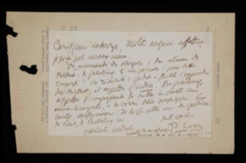Nella cartolina, Benedetto Croce sollecita Giovanni Laterza a spedirgli le ultime bozze dei volumi di Friedrich W.J. Schelling e di Johann F. Herbart; di quest'ultimo volume precisa di averne a sua volta inviate alcune a Giovanni Gentile per la revisione. Gli comunica poi di aver pronti per la stampa i manoscritti dei volumi di Immanuel Kant, George Berkeley ed altri, nonché di aver invitato Alfonso Ruggiero a rivolgersi direttamente all'editore per il pagamento de "La Critica".