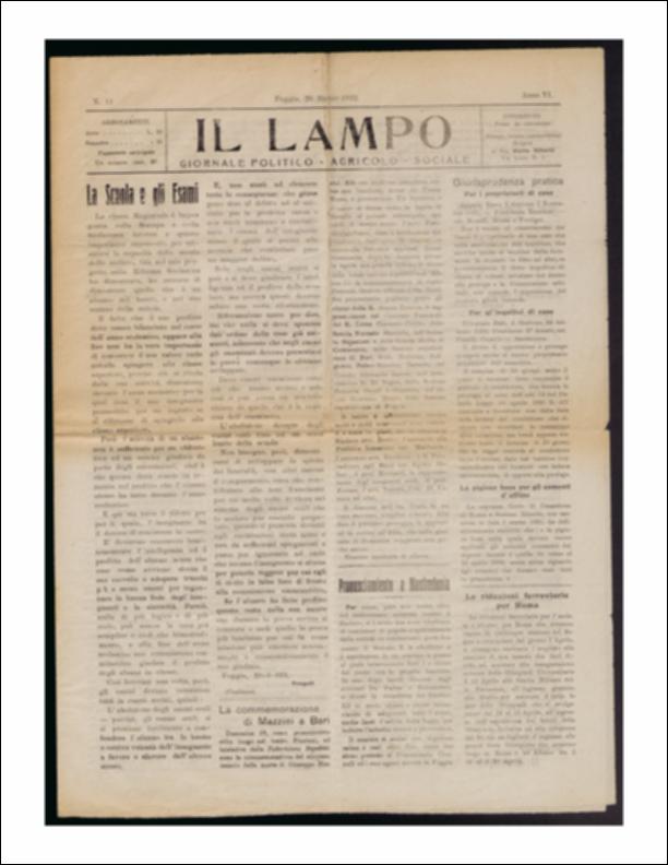ll documento è parte della collezione del fondo libri digitalizzati della Biblioteca provinciale La Magna Capitana di Foggia, comprendente alcune monografie di diversi secoli e periodici del Novecento. Nello specifico si tratta del periodico “Il lampo – Giornale politico - agrario - sociale”, pubblicato il 25 marzo 1922. In prima pagina Fregoli discute sulla scuola e sulle modalità degli esami per attestare le capacità degli alunni e la loro promozione alla classe successiva. La proposta dell'autore è di sottoporre agli studenti, bimestralmente o a fine anno, delle prove scritte per valutare le competenze da loro acquisite in maniera più oggettiva rispetto agli esami orali. Segue il racconto dell'iniziativa, nel Teatro Piccinni di Bari, per la Federazione Repubblicana, ...