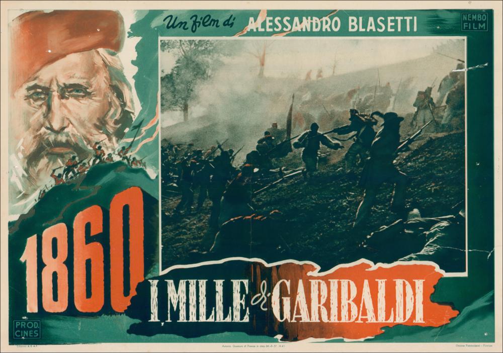 L'immagine è una riproduzione digitale del manifesto cinematografico del film “1860 - I Mille di Garibaldi”, prodotta in seguito all'evento "Cinema 150 anni. Mostra di manifesti d'epoca sul Risorgimento". La mostra, allestita negli spazi della Mediateca Regionale di Bari, è stata realizzata nel 2011 dall'Ufficio Attività culturali e audiovisivi, afferente al Servizio Cultura e Spettacolo della Regione Puglia, in occasione delle celebrazioni dei 150 anni dell'Unità d'Italia. In Mediateca sono conservate una serie di fotobuste e una prestigiosa locandina dipinta dal famoso pittore, illustratore e grafico Angelo Cesselon. La fotobusta in oggetto riporta con toni scuri e drammatici il momento della vittoriosa battaglia di Calatafimi combattuta nel maggio 1860 in Sicilia, su...