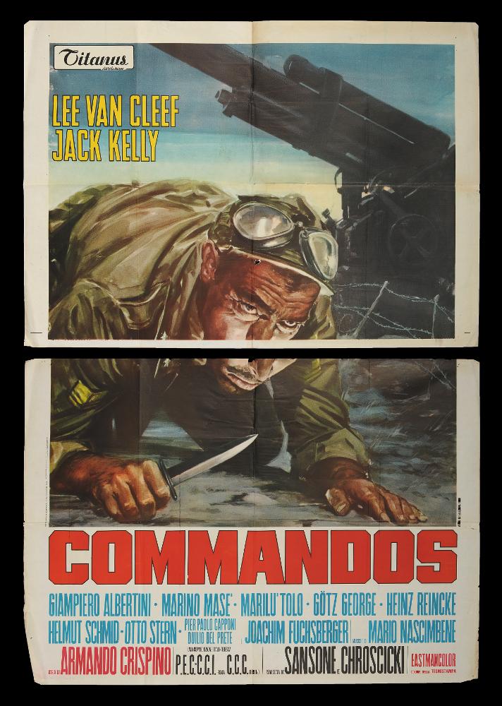 L'immagine riproduce uno dei manifesti conservati presso la Mediateca Regionale Pugliese (vedi Note). Si tratta del manifesto del film italo tedesco "Commandos". Anche se privo di firma, l'opera si mostra tradizionale, narrativa, con una pittura realistica, degna di nota. Vi è un unico grande momento rappresentato che fa entrare il fruitore nel vivo della scena di guerra, con dettagli enfatici e con la luce che illumina dal basso il volto del combattente, arricchendo tutta la composizione di pathos e tensione. Il manifesto originale è conservato in due parti, come si evince dalla riproduzione digitale che evidenzia i due pezzi separati....