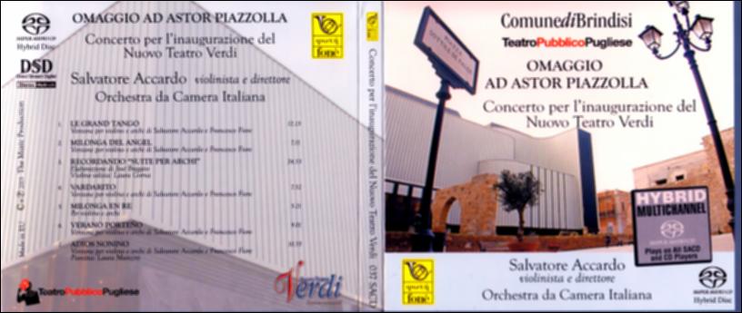 "Omaggio ad Astor Piazzolla" ricorda il concerto eseguito il 12 novembre 2002 dalla giovane Orchestra da Camera Italiana, diretta dal Maestro Salvatore Accardo in occasione della inaugurazione del Nuovo Teatro Verdi di Brindisi, voluto dal Comune di Brindisi e da Teatro Pubblico Pugliese. "Una serata memorabile, che dovrà rimanere nella memoria di noi tutti” si evince dalle parole di Giovanni Antonino, all'epoca sindaco di Brindisi, che pensò insieme all'Amministrazione di far incidere su compact disc 7 tracce, tratte dal concerto, con le musiche del compositore argentino. Astor Piazzolla rivoluzionò agli inizi del Novecento la musica del tango, inserendovi note e musicalità jazz e dando vita a quello che fu definito "nuevo tango", tra l'altro pesantemente criticato all...