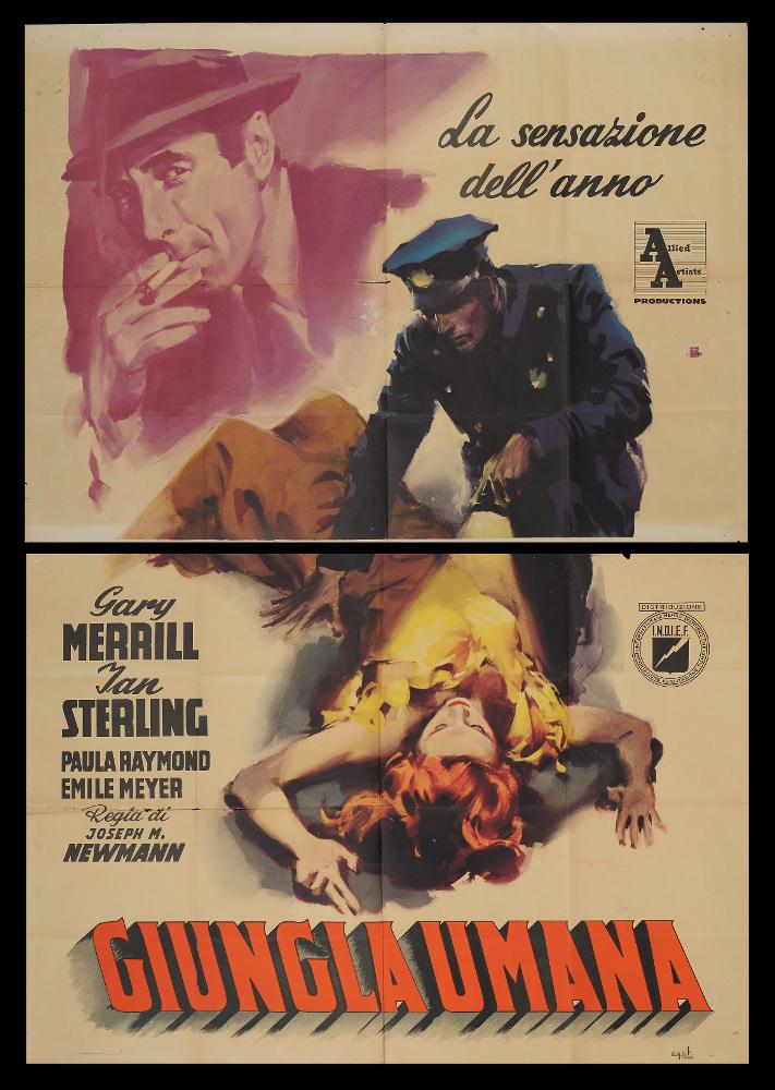 “Giungla umana” è un film statunitense del 1954 diretto da Joseph M. Newman su sceneggiatura di Daniel Fuchs e William Sackheim. Tra gli interpreti principali ricordiamo Gary Merrill, Jan Sterling, Regis Toomey, Lamont Johnson. 
Il manifesto cinematografico è opera del celebre pittore di cinema Enrico De Seta, noto illustratore ed artista poliedrico. Il suo stile si caratterizza per la modernità, il disegno semplice e l'uso di colori acquerellati con pennellate fluide e larghe, quasi espressioniste. In primo piano una scena in cui il protagonista soccorre una donna, resa con colori a contrasto che generano giochi chiaroscurali di forte impatto narrativo.
Il manifesto originale è conservato nell’Archivio della Mediateca Regionale Pugliese ed è costituito da due fogli sep...