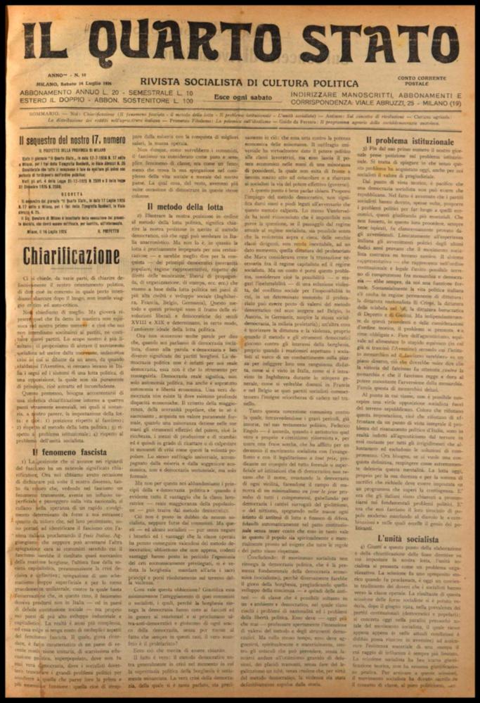 ll documento digitale è parte della collezione dell’emeroteca storica posseduta dall’Istituto pugliese per la storia dell’antifascismo e dell’Italia contemporanea di Bari (IPSAIC). Nello specifico la risorsa in oggetto riproduce il numero 18 del settimanale di attualità politica, fondato da Pietro Nenni e Carlo Rosselli, “Il Quarto Stato – Rivista socialista di cultura politica”, distribuito per un solo anno. Nel numero pubblicato il 24 luglio 1926, campeggia in prima pagina e seconda pagina un lungo intervento corale, a firma "Noi", nel quale, come esplicitato dal titolo stesso, vi è la "Chiarificazione" dei giornalisti, invitati a chiarire il loro orientamento politico  e le loro linee direttive che, inevitabilmente, vuol dire chiarire la loro posizione nel dibattito ...