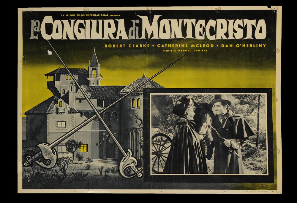 L'immagine riproduce uno dei manifesti conservati presso la Mediateca Regionale Pugliese (vedi Note). Si tratta di uno dei soggetti della fotobusta del film “La congiura di Montecristo”, seguito del noto "Il Conte di Montecristo", a firma di Ferrini (Renato Ferrini). Artista fiorentino, Ferrini si avvicina all'ambiente cinematografico negli anni '30 in una Roma in pieno fermento; mostra un grande amore per l'illustrazione con tratti rapidi e intensi resa con una tecnica che ricorda l'uso della grafite, come si può notare in altri suoi lavori. La composizione grafica fa da sfondo a tutto lo spazio della fotobusta e colpisce per la precisione delle architetture rappresentate e i dettagli netti e contornati, ben a fuoco, quasi fossero realizzati per un impianto compositivo...