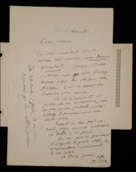 In risposta ad una lettera di Giovanni Laterza, Benedetto Croce esprime il suo disappunto per il fatto che siano stampati alcuni fogli del volume di David Hume senza il suo beneplacito. Del medesimo volume il filosofo rispedisce alcune bozze, di altre chiede ulteriori prove.