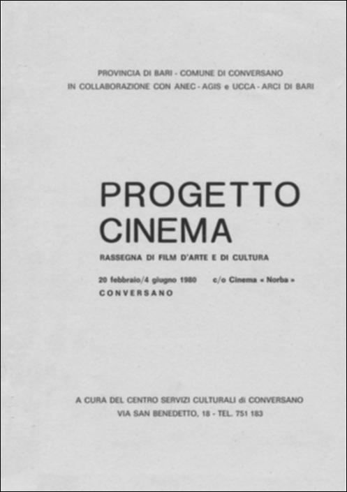 Il volume è parte della grande raccolta denominata “Libri di Puglia”, progetto di digitalizzazione a cura di Nicola Pergola che ha lo scopo di rendere fruibile la produzione editoriale dei Centri regionali di servizi educativi e culturali e degli Assessorati alla cultura e alla Pubblica Istruzione della Regione Puglia, dal 1968 agli anni 2000. La pubblicazione è collegata all'iniziativa di una rassegna cinematografica svoltasi a Conversano nel periodo febbraio-giugno 1980, organizzata in collaborazione con la Provincia di Bari, il Comune di Conversano, l'ANEC-AGIS di Bari, l'UCCA-ARCI di Puglia. Essa raccoglie le schede dei sedici film presentati – da Uomini contro a I Cannibali, da Ecce Bombo a Trash e Un mercoledì da leoni – precedute dalla presentazione del progetto ...