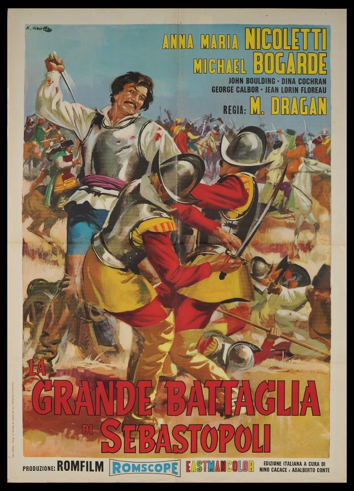 L'immagine riproduce uno dei manifesti conservati presso la Mediateca Regionale Pugliese (vedi Note). Si tratta della versione grafica del manifesto del film storico "La grande battaglia di Sebastopoli", a firma di Averardo Ciriello, di cui si conserva anche la locandina. Pittore dal linguaggio elaborato e dallo stile pittorico colto e maturo, sia nel ritratto che nelle scene narrative, Ciriello seppe caratterizzare le sue opere con l'uso di sfumature volumetriche, tocchi di colore morbidi "emotivi", che denotano una comunicazione visiva chiara e coinvolgente. Si ricorda come tra i più importanti disegnatori per manifesti del cinema italiano. Iniziò a lavorare come pubblicitario presso l’agenzia 'Non plus ultra' a Milano e poi presso la 'Ima', la più grande agenzia di p...