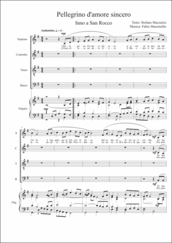 <div class="ql-editor">Questo spartito propone l’inno devozionale “Pellegrino d’amore”, dedicato a San Rocco, compatrono di Noci. Il testo celebra il Santo come pellegrino di carità e misericordia, guida spirituale che mostra la “strada del Cielo” attraverso l’amore verso il prossimo. L’inno si colloca nella lunga tradizione musicale della religiosità popolare locale, pensato per cantori e assemblee in occasione delle celebrazioni liturgiche del Santo.
<div><br>
La festa patronale si celebra tradizionalmente il 16 agosto, giorno dedicato al Santo, mentre la solennità liturgica propria della comunità nocese ricorre nella prima domenica di settembre, cuore delle celebrazioni religiose e civili....