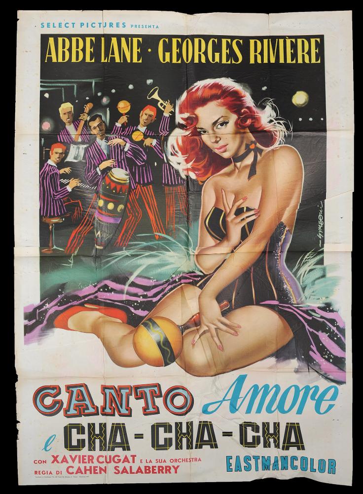 L'immagine riproduce uno dei manifesti conservati presso la Mediateca Regionale Pugliese (vedi Note). Si tratta della versione grafica realizzata per il manifesto del film "Canto, amore e cha-cha-cha", a firma di Symeoni. Noto per essere uno dei pittori di cinema più prolifici, Sandro Symeoni si distinse per una grande pittoricità, un gusto originale basato sulla bellezza formale, soprattutto femminile, e più tardi per composizioni moderne basate su ritmi spezzati e drammatici. Realizzata alla metà degli anni '50 per il musical spagnolo, l'illustrazione pittorica in oggetto si caratterizza per un linguaggio visuale moderno, fatta di contrasti di colore, linee morbide ma ben definite, chiaroscuri luminosissimi, che esaltano la figura femminile, bellissima e sensuale, del...
