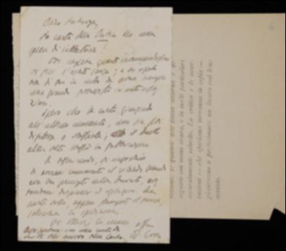 Nella cartolina, Benedetto Croce comunica a Laterza di essere a conoscenza del ritardo nell'arrivo della carta per il suo periodico e gli raccomanda maggiore attenzione per il futuro.