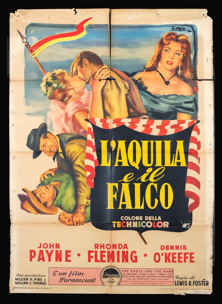 “L'aquila e il falco” (titolo originale “The Eagle and the Hawk”) è un film western del 1950 diretto da Lewis R. Foster.
La sceneggiatura è firmata da Jess Arnold, Lewis R. Foster e Daniel Mainwaring. Nel cast ricordiamo John Payne, Rhonda Fleming, Dennis O’Keefe, Thomas Gomez.
Il manifesto cinematografico è firmato cup, pseudonimo di artista non identificato.
Lo stile è molto pittorico, colori vivaci, pennellate fluide e morbidi sfumati caratterizzano la plasticità delle figure, disposte in modo da enfatizzare la narratività della scena.
Il manifesto originale è conservato nell’Archivio della Mediateca Regionale Pugliese....