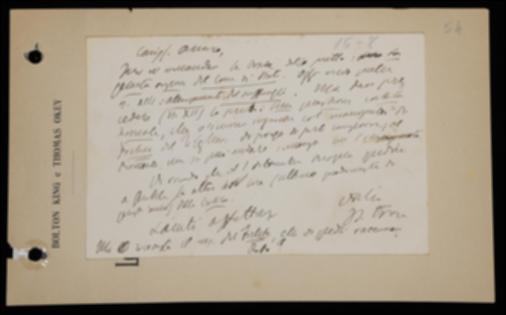 Nella cartolina Benedetto Croce comunica a Giovanni Laterza alcune correzioni da apportare alle bozze del volume di Silvio Spaventa, sollecitandolo a completarne la composizione e gli rammenta di spedire alcune somme a Giovanni Gentile per l'ultimo quadrimestre de "La Critica". Croce chiede poi all'editore se ha ricevuto il manoscritto per il volume di Johann G. Fichte.