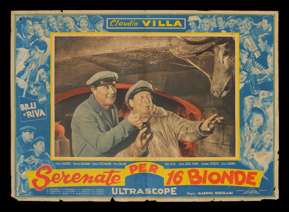 L'immagine riproduce uno dei manifesti conservati presso la Mediateca Regionale Pugliese (vedi Note). Si tratta di una delle fotobuste del film “Serenate per 16 bionde”, “musicarello” del regista Marino Girolami, girato in Italia nel 1957. La composizione grafica presenta uno scatto di scena che ritrae il sorridente duo comico Billi e Riva, duo composto da Riccardo Billi e Mario Riva, che fanno da spalla al protagonista Claudio Villa. A cornice della fotografia, sui toni dell’azzurro, una serie di volti dei protagonisti e delle comparse, anima il manifesto. In un cartiglio nella parte inferiore si inserisce il titolo che presenta una parte in corsivo ed una in stampatello. Colpisce il rosso della scritta che spicca sul fondo giallo del cartiglio. Al di sotto sono riport...