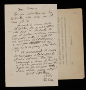 Ringraziando Giovanni Laterza per l'invio di una fotografia ritratto, Benedetto Croce gli raccomanda la composizione di tutto il manoscritto del volume di Carlo Gozzi spedito da Achille Pellizzari e di far comporre il suo volume sui lirici marinisti via via che si tireranno il volume del Gozzi e quello di Matteo Bandello.