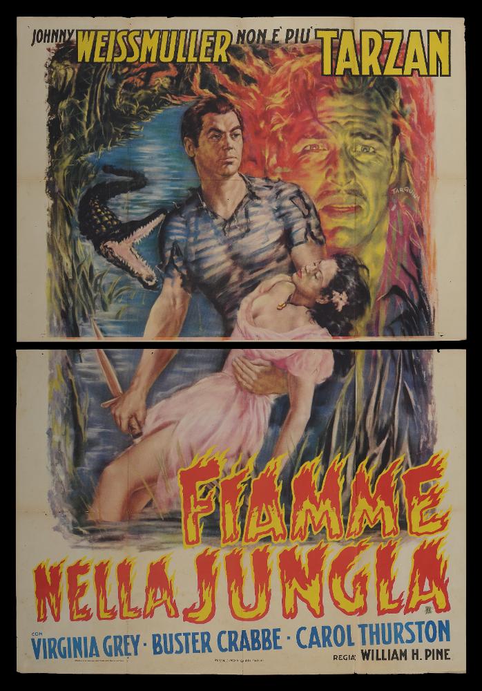 L'immagine riproduce uno dei manifesti conservati presso la Mediateca Regionale Pugliese (vedi Note). Si tratta di una delle versioni grafiche del manifesto del film “Fiamme nella jungla” del 1946 per la regia di William h. Pine a firma dell’illustratore Tarquini (Tarquini Paolo), "Pittore non Pittore" come lui stesso si definì, artista che condivise la sua arte con il padre Sabatino ed i fratelli Luigi e Glauco. Il manifesto, caratterizzato dall’uso di colori molto accesi e pennellate “frenetiche” presenta centralmente una delle scene più significative del film, i due protagonisti in un fiume nella giungla, ambientazione resa nota non solo dalla esplicitazione del titolo, ma dalla presenza di attributi tipici del luogo come il coccodrillo e la vegetazione presente. In ...