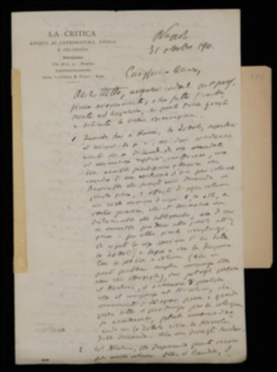 Nella lettera, dopo aver fatto a Giovanni Laterza gli auguri per il prossimo lieto evento e averlo rassicurato di aver parlato alla compagna Angelina Zampanelli, Benedetto Croce lo invita a mettersi in contatto con Angelandrea Zottoli, segretario del Ministero della Pubblica Istruzione, il quale riferisce che l'editore potrebbe spedire dietro compenso alcune copie dei volumi degli Scrittori d'Italia al Ministero, che poi le distribuirebbe in dono alle scuole all'estero o in circostanze simili. Il filosofo poi comunica di aver stabilito insieme a Fausto Nicolini che, oltre ai volumi in corso di Matteo Bandello, Jacopo Vittorelli, Giambattista Vico, Carlo Gozzi e Luigi Blanch, si dovrà iniziare la composizione di quelli di: Giuseppe Baretti, curato da Luigi Piccioni; Teof...