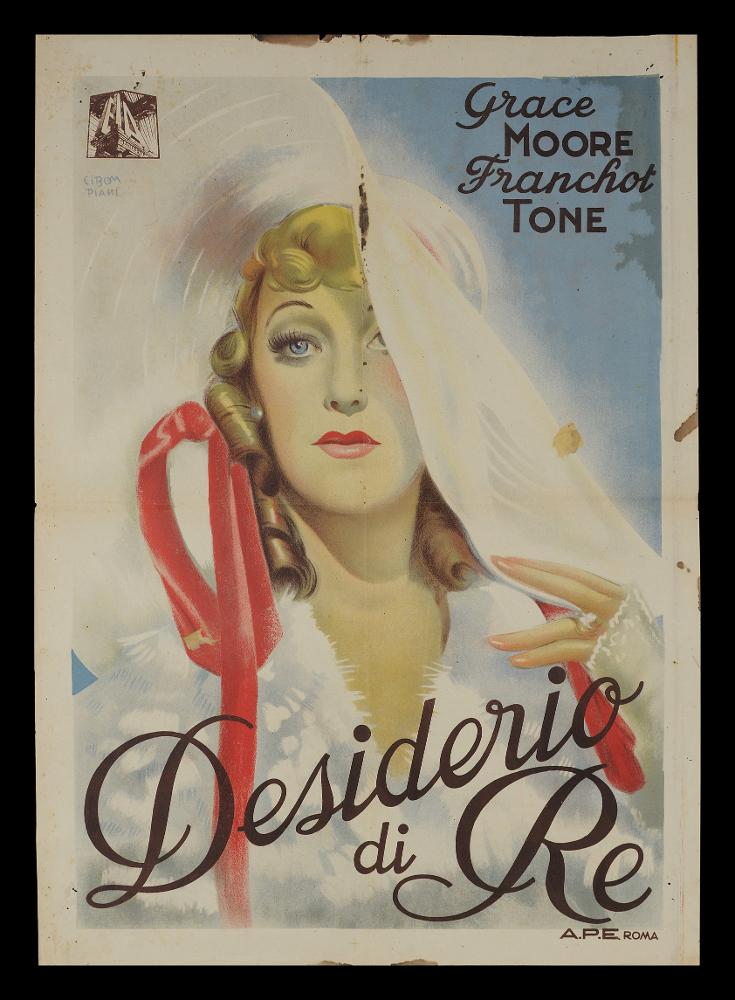 L'immagine riproduce uno dei manifesti conservati presso la Mediateca Regionale Pugliese (vedi Note). Si tratta di una delle fotobuste del film “Desidero di Re” del 1936 per la regia di Josef von Sternberg. La firma che si legge in alto a sinistra si potrebbe attribuire al pittore romano Carlo Ludovico Bompiani, autore di ritratti, nature morte e paesaggi, formatosi presso le Accademie di Francia e Inghilterra. Nel 1935 iniziò la sua attività come cartellonista per il cinema prima presso il Consorzio EIA, poi come direttore per l'ufficio pubblicità della Generalcine; dopo la guerra riprese l'attività artistica stringendo collaborazioni con un gruppo di intellettuali, fra cui Federico Fellini e Guglielmo Guasta Veglia. La sua produzione fu intensa e in continua evoluzion...