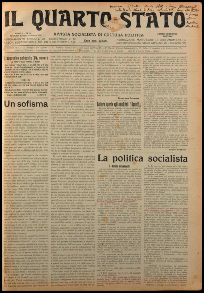 ll documento digitale è parte della collezione dell’emeroteca storica posseduta dall’Istituto pugliese per la storia dell’antifascismo e dell’Italia contemporanea di Bari (IPSAIC). Nello specifico la risorsa in oggetto riproduce il numero 26 del settimanale di attualità politica, fondato da Pietro Nenni e Carlo Rosselli, “Il Quarto Stato – Rivista socialista di cultura politica”, distribuito per un solo anno. Nel numero del 2 ottobre 1926, in seconda pagina, Pietro Nenni informa che i congressi dei partiti socialisti in preparazione per la loro riunificazione sono stati rinviati. La motivazione che si augura è quella che il tempo del rinvio serva a "dare al dibattito l'ampiezza e la serietà necessarie per arrivare a conclusioni meditate", con la stesura di programmi chi...
