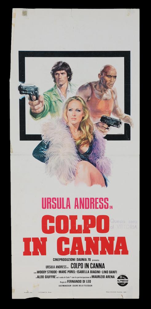L'immagine riproduce uno dei manifesti conservati presso la Mediateca Regionale Pugliese (vedi Note). Si tratta della locandina del film "Colpo in canna", a firma di Renato Casaro. Pittore noto per le opere di cinema soprattutto dal dopoguerra in poi, Casaro è un pittore autodidatta che ha affinato la sua tecnica dapprima sull'imitazione di grandi artisti di manifesti, primo tra tutti Angelo Cesselon, e poi con l'uso di strumenti come l'aerografo che gli ha permesso di realizzare opere dai dettagli precisi, con begli effetti sfumati e volumetrici. Come in altre locandine, dato lo spazio ridotto, Casaro riduce la composizione alle figure principali, che catturano immediatamente lo sguardo, senza alcuna scena aneddotica, privilegiando una cornice nera a fare da contrasto....