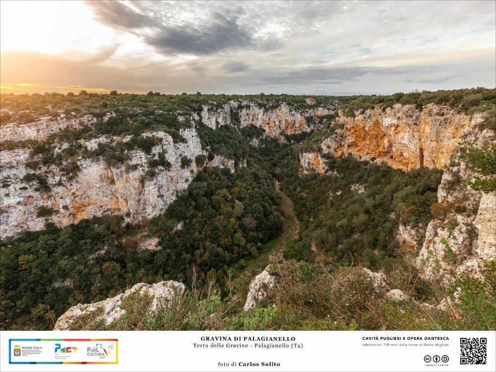 La Gravina di Palagianello, detta anche di San Biagio, è il terzo canyon più grande per dimensioni nell'ambito del Parco Terra delle Gravine, si presenta ai nostri occhi ricoperta da lussureggiante macchia mediterranea e da pini d’Aleppo di origine endemica.  La gravina di Palagianello degrada in profondità dal paese omonimo sino al mare dando origine, insieme ai canali di bonifica della piana alluvionale, al fiume Lenne. Il fondo della gravina è per lo più asciutto, ma a seguito di piogge abbondanti si arricchisce di piccole pozze che diventano oasi naturalistici per la vita di specie anfibie. 
L’immagine digitale fa parte della raccolta di fotografie prodotte da Carlos Solito per il Progetto digitale “Sillabario sotterraneo – Viaggio dantesco nelle Grotte di Puglia” –...