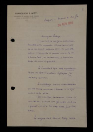 Nella lettera, Francesco Saverio Nitti comunica all'editore l'invio delle bozze corrette delle "Avvertenze" e ne propone la stampa di trecento copie da inviare ai giornali. Consiglia, in conclusione, di mantenere la collana limitata all'Italia “Mezzogiorno continentale”.