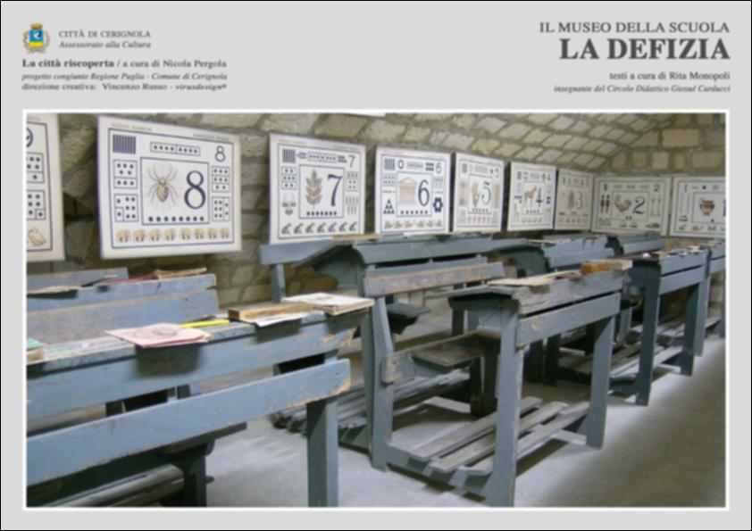 La pubblicazione digitale fa parte della raccolta "La città riscoperta", risultato di un progetto congiunto fra Regione Puglia e Comune di Cerignola. A cura di Nicola Pergola e per la direzione artistica di Vincenzo Russo, i contributi editoriali hanno come scopo la valorizzazione del comune foggiano, situato nella valle dell'Ofanto, a partire dal racconto delle sue storie, delle sue tradizioni e dei suoi personaggi illustri. Ne "Il museo della scuola. La defizia", Rita Monopoli racconta la storia e le fasi di vita dell'odierno Museo della Scuola "La Defizia", struttura inaugurata nel 1997 in 800 mq corrispondenti ai 20 ambienti dei seminterranei della Scuola Elementare Giosué Carducci di Cerignola. Uno dei pochissimi esemplari italiani di Musei dedicati alla scuola, la...