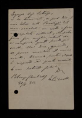 Nella lettera, Ettore Ciccotti comunica all'editore di aver quasi concluso il volume e chiede se può inviare il manoscritto della parte completa.