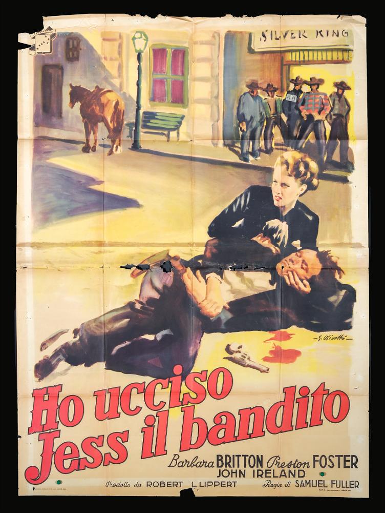 L'immagine riproduce uno dei manifesti conservati presso la Mediateca Regionale Pugliese (vedi Note). Si tratta di una delle versioni grafiche del manifesto del film americano "Ho ucciso Jess il bandito", a firma dell'illustratore bolognese Giorgio Olivetti. Classe 1908, Olivetti caratterizza le sue prime opere da uno stile morbido, sfumato, fatto di acquerelli delicati che rendono il volume anche grazie ad un uso sapiente dei chiaroscuri. Anche questo manifesto è ricco di eleganza e fascino, nonostante la scena rappresentata sia un momento drammatico, in cui l'uomo a terra cattura il fruitore rappresentando il fulcro di tutto il film. Tipico delle opere di Olivetti è il punto di vista, insolito e sempre originale, diretto e chiaro proprio come un'inquadratura cinematog...