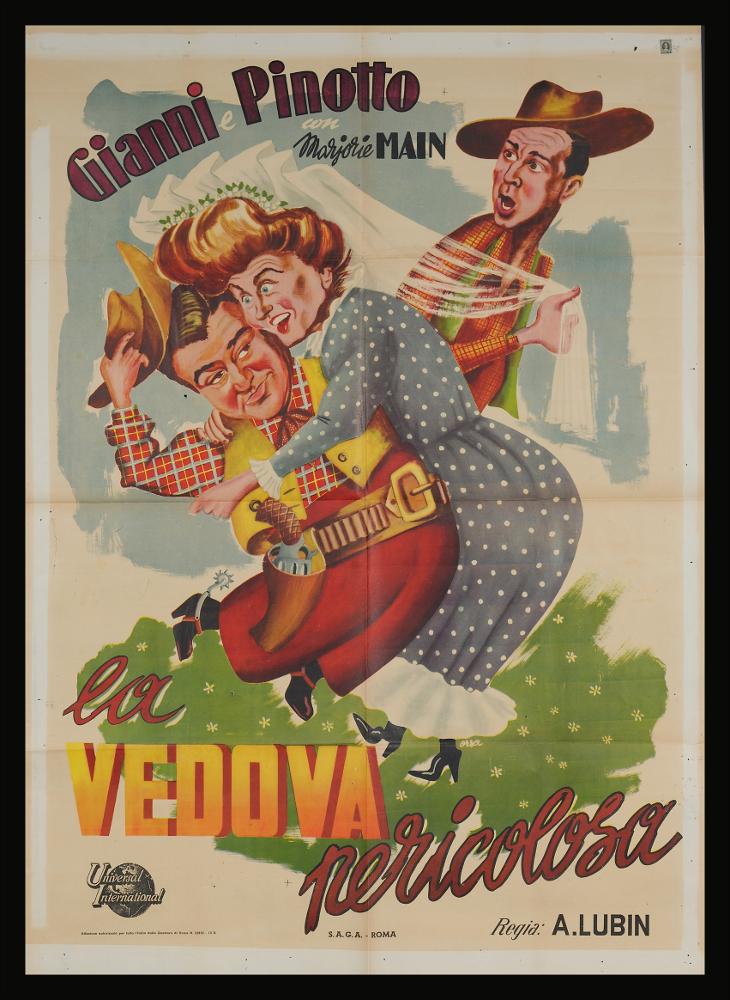 L'immagine riproduce uno dei manifesti conservati presso la Mediateca Regionale Pugliese (vedi Note). Si tratta di una delle versioni grafiche per il manifesto del film comico in bianco e nero "La vedova pericolosa” del 1947 per la regia di Charles Barton. La composizione non presenta firma ma l’illustratore si inserisce pienamente nello stile dei cartellonisti degli anni Quaranta e si trova in linea con la rappresentazione della comicità del duo Bud Abbott e Lou Costello, meglio noti in Italia come Gianni e Pinotto. I colori e le forme utilizzate per l’illustrazione dei personaggi e dell’ambientazione sono propri delle tecniche utilizzate per i fumetti o i cartoni animati, molto enfatizzati gli sguardi, non lineari e reali le proporzioni fra i corpi e fra i corpi e gli...