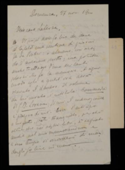 Dopo aver chiesto a Giovanni Laterza se abbia inviato l'acconto del compenso ad Augusto Castaldi per il manoscritto del volume di Giambattista Lorenzi, Fausto Nicolini gli rammenta le istruzioni per la spedizione ad Alessandro Luzio di tutte le bozze del volume di Teofilo Folengo; sollecita poi la composizione del resto del volume di Jacopo Vittorelli e comunica di aver già elaborato il piano delle pubblicazioni per gli Scrittori d'Italia da realizzare entro il 1911. Il Nicolini inoltre, inviando all'editore alcune bozze del volume di Carlo Gozzi, gli anticipa che spedirà le bozze di Matteo Bandello, appena consegnate dal curatore Gioacchino Brognoligo, e il manoscritto dell'indice de “La Critica”, avendo V. Morelli concluso il lavoro preparatorio.
