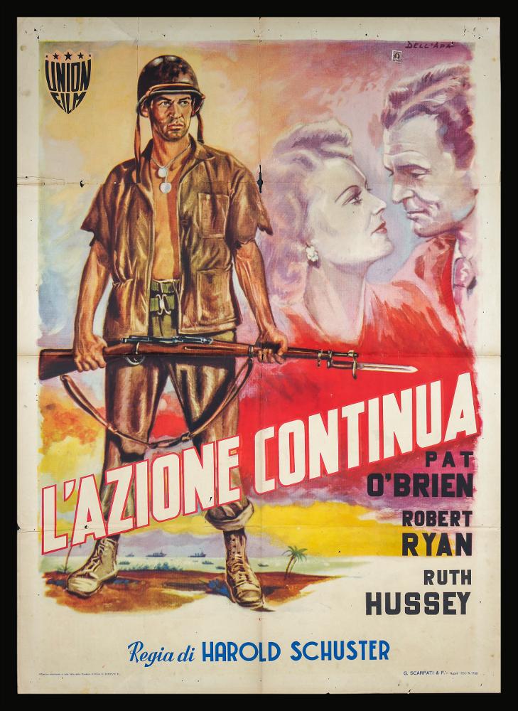 L'immagine riproduce uno dei manifesti conservati presso la Mediateca Regionale Pugliese (vedi Note). Si tratta della versione grafica del manifesto di "L'azione continua", film americano del 1944, a firma dell'illustratore Dell'Apa. Dell'artista non si hanno notizie storicizzate, ma mostra un approccio stilistico originale, seppur descrittivo, ispirato ad altri artisti noti come Tarquini, Simbari, Casaro, che hanno fatto del colore il loro elemento distintivo. Anche in quest'opera, si possono notare l'utilizzo di colori pastello e di pennellate morbide nei ritratti sullo sfondo, che rendono la composizione delicata e onirica. Il tema della guerra è evidente invece nella figura intera del soldato in primo piano, reso molto realisticamente....