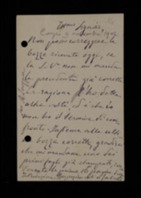 Nella cartolina, Angelo Scuppa sollecita a Laterza l'invio di alcune bozze del volume precedentemente corrette.