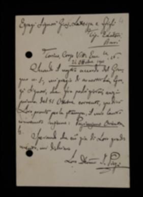 Nella cartolina, Italo Pizzi comunica a Laterza che spedirà per la stampa il manoscritto intitolato "Pessimismo orientale" entro il 31 ottobre successivo.