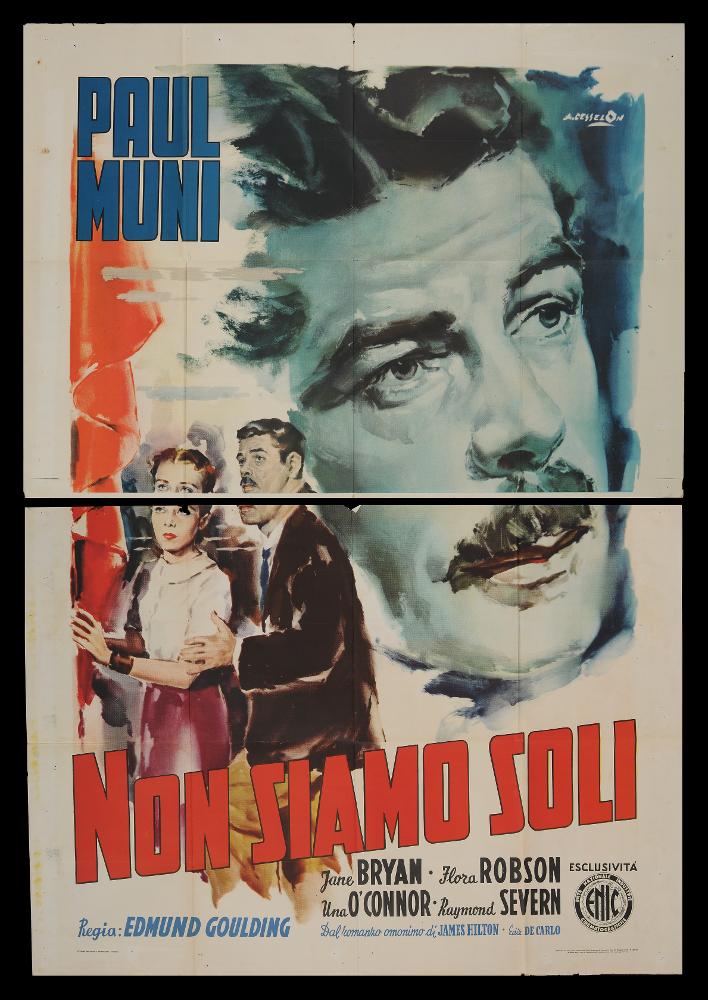 “Non siamo soli” è un film statunitense del 1939 diretto da Edmund Goulding, su sceneggiatura di James Hilton e Milton Krims. Tra gli interpreti principali ricordiamo Jane Bryan, Flora Robson, Una O’Connor, Raymond Severn.
Il manifesto cinematografico è firmato dal celebre pittore di cinema Angelo Cesselon, considerato uno dei maestri più originali per il suo stile caratterizzato da composizioni innovative e da un cromatismo dinamico espresso a colpi di pennello e di spatola, influenzato anche dalla pittura dell’Ottocento. Nato a Venezia nel 1922, Cesselon unisce il linguaggio figurativo con l’astrattismo e la pop art. Le sue dive divengono modelli della nuova femminilità del dopoguerra. In questo manifesto ritroviamo le sue straordinarie doti da ritrattista nei tocchi ...