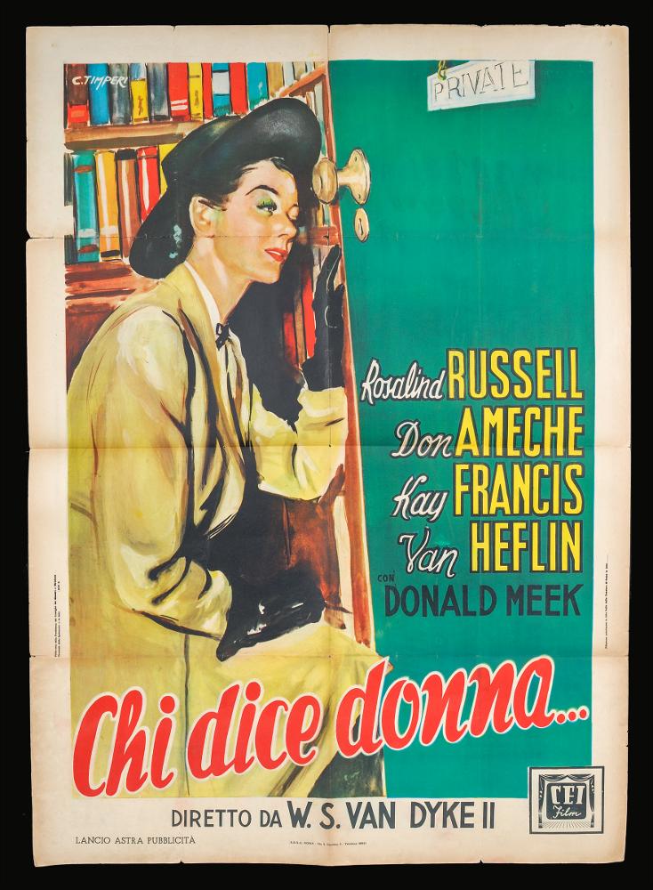 “Chi dice donna...” (titolo originale “The Feminine Touch”) è un film del 1941 diretto da W. S. Van Dyke, su una sceneggiatura di George Oppenheimer, Edmund L. Hartmann e Ogden Nash. Tra i principali interpreti ricordiamo Rosalind Russell, Don Ameche, Kay Francis, Van Heflin.
Il manifesto cinematografico è firmato C. Timperi, artista di cui non si hanno notizie. L’immagine presenta colori vivissimi e pennellate decise che danno vita ad un’immagine estremamente elegante. Il ritratto di Rosalind Russell, seduta sul lato sinistro della scena, presenta tratti di grande cura ritrattistica e raffinatezza formale.
Il manifesto originale è conservato nell’Archivio della Mediateca Regionale Pugliese....