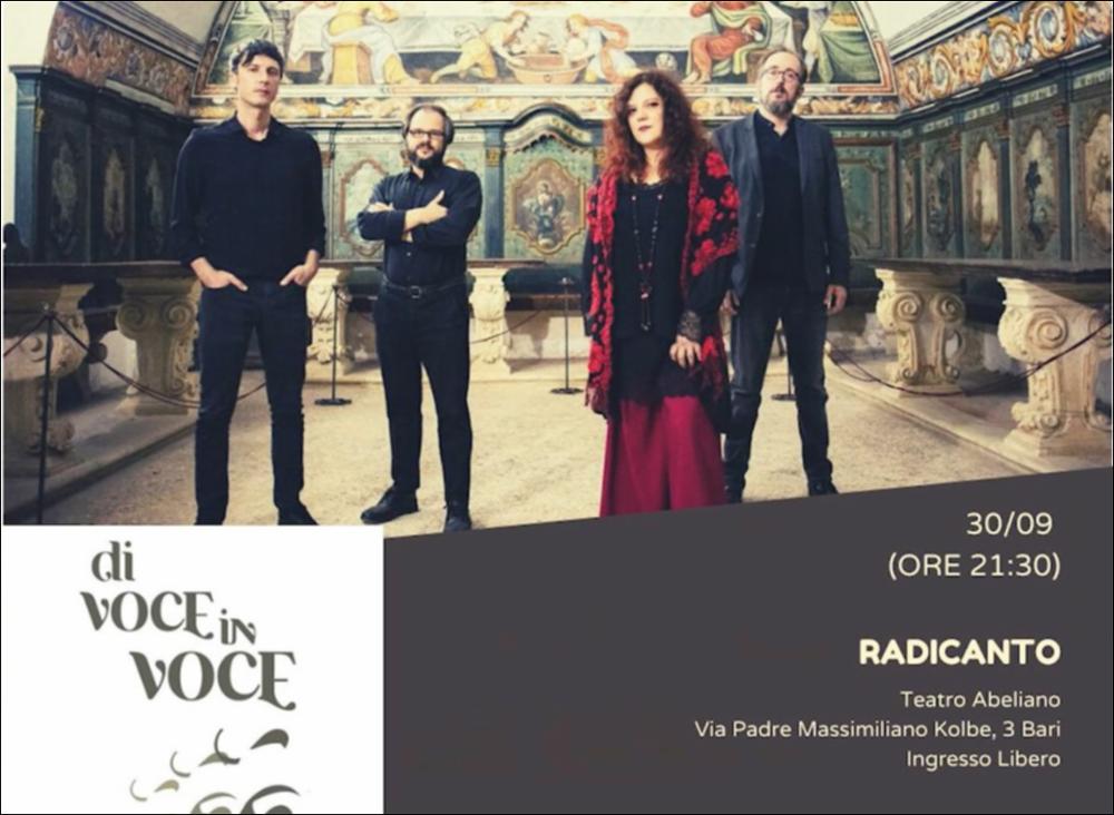 Il video propone la visione del concerto dei Radicanto insieme a Maria Giaquinto eseguito nella serata del 30 settembre 2023 presso il Teatro Abeliano di Bari. Lo spettacolo fa parte della XV edizione del festival “Di Voce in Voce” (23 settembre - 8 ottobre 2023), la rassegna dedicata alle produzioni musicali originali, organizzata dall'Associazione Culturale Radicanto con il contributo a sostegno della Regione Puglia, dei Comuni di Bari e Bitonto e di Puglia Sounds. 
Con questo concerto, i Radicanto, insieme a Maria Giaquinto, si propongono di indagare le radici del canto per mare e altri approdi, esplorando la musica del Mediterraneo attraverso la forma “canzone” in chiave d’autore e acustica, dal folk meridionale al fado, alla tradizione sefardita, agli echi del Suda...